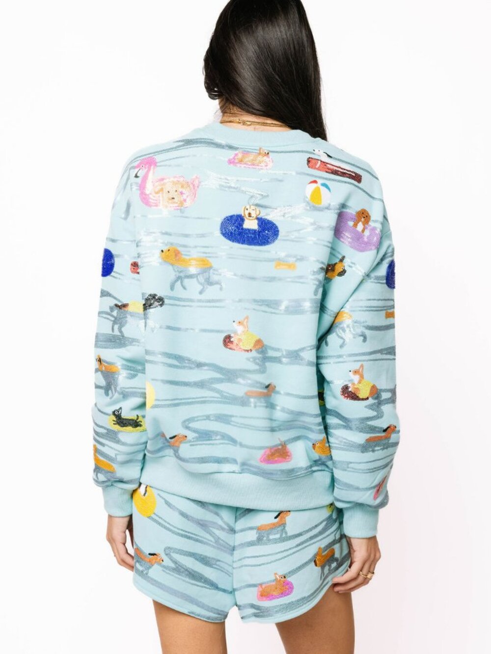 NWT Queen of Sparkles Blue Dogs Swimming on Floats Sweatshirt - Picture 4 of 5